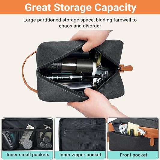 Elviros Travel Toiletry Bag for Men, Hanging Dopp Kit and Shaving Tool Pouch, Water Repellent PU Leather Mens Gift Toiletry Travel Small Bag for Bathroom and Gym, Black