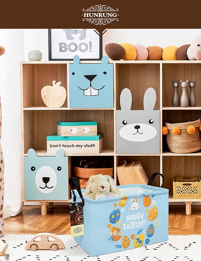 HUNRUNG Rectangle Storage Basket Cute Canvas Organizer Bin for Pet/Children Toys, Books, Clothes Perfect for Rooms/Playroom(Rabbit Easter Egg)