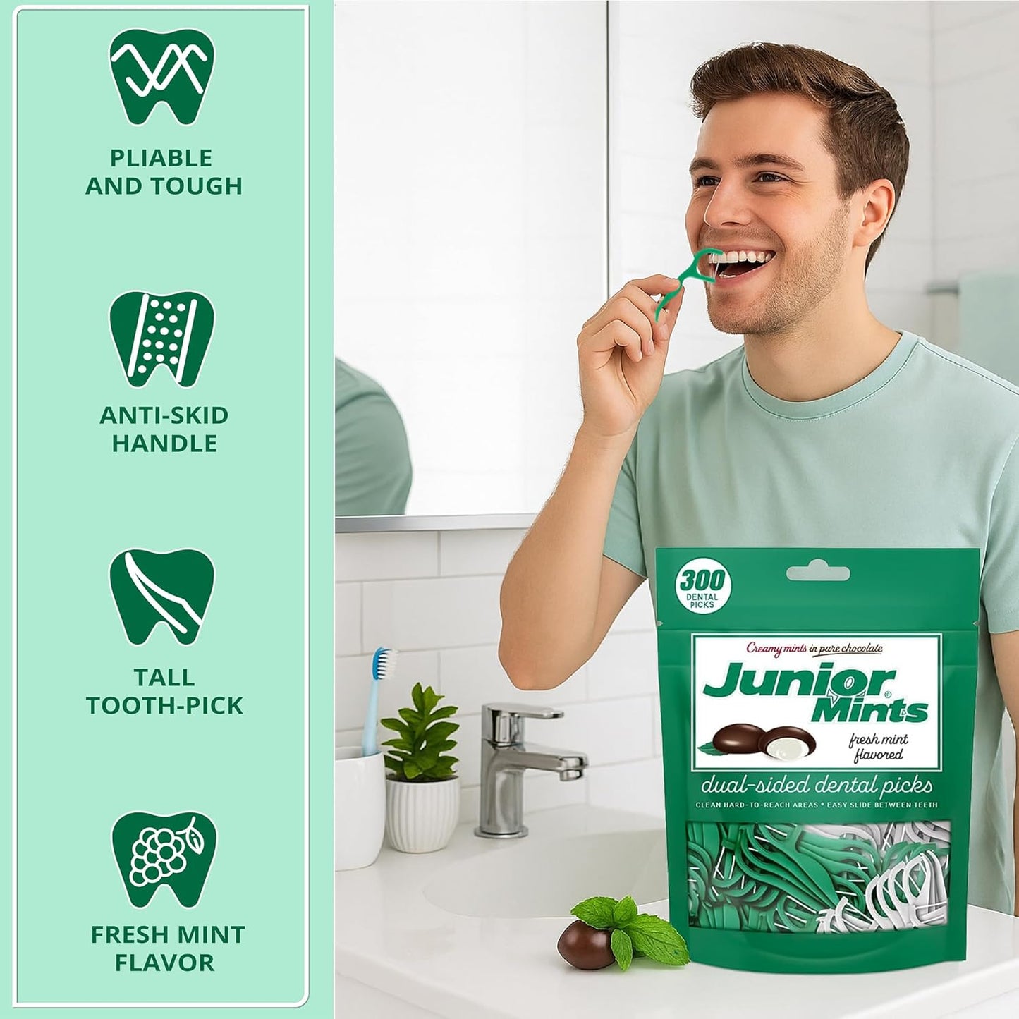 Flavored Floss Picks, 300 Count, Dental Floss Picks for Teeth with Fun Fruit Flavors, Flosser Picks for Adults and Children, | Mint Flavor