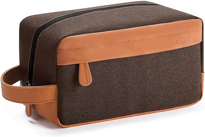Elviros Travel Toiletry Bag for Men, Hanging Dopp Kit and Shaving Pouch, Waterproof PU Leather Mens Toiletry Travel Bag, Brown
