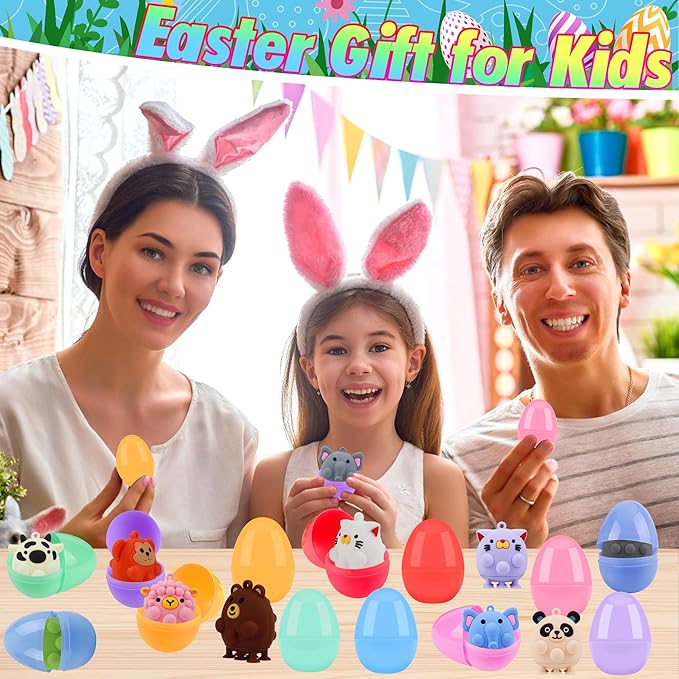 24 Pack Prefilled Easter Eggs with Animal Pop Toys, Filled Easter Eggs for Egg Hunt, Easter Basket Stuffers for Kids,Easter Party Favors Prizes, Prefilled Easter Eggs with Toys