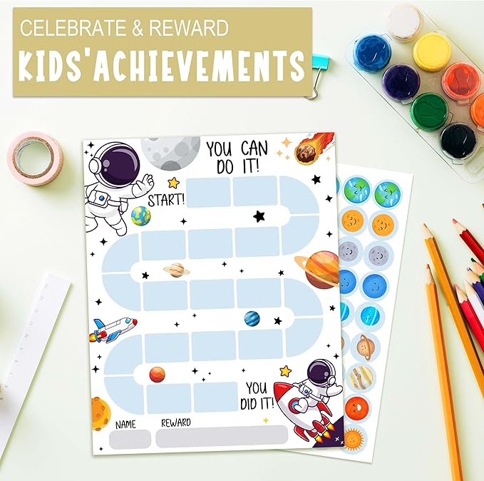10 Outer Space Astronaut Reward Chart with 216 Round Stickers, Incentive Behavior Chart for Kids at Home Classroom, Kids Routine Daily Chore Sticker Chart-A18