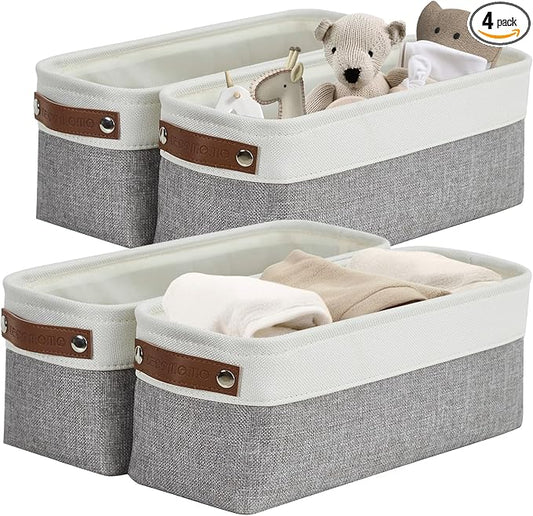 DECOMOMO Narrow Storage Bins Small Baskets for Organizing Bathroom, Toilet Tank, Towel Storage, Entryway, Gifts (Grey and White - Set of 4)