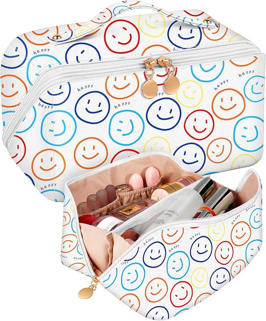 Bistup Makeup Bag Travel Cosmetic Bag Toiletry Make Up Bags Cute Women Large Capacity Big Medium Leather Portable Teen Girls Teenage Kawaii Foldable Expandable Compact Soft Open Flat Zip