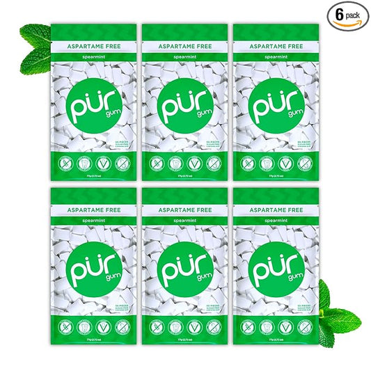 PUR Gum | Aspartame Free Chewing Gum | 100% Xylitol | Natural Spearmint Flavored Gum, 55 Pieces (Pack of 6)