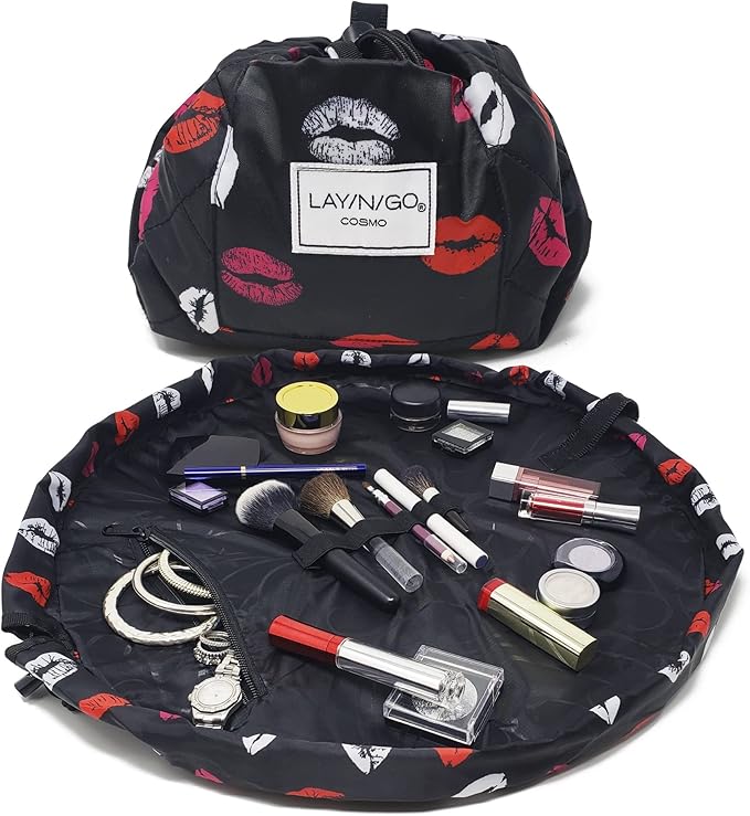 Lay-n-Go Cosmo Layflat Drawstring Cosmetic & Makeup Bag Organizer w/Zipper Pocket, Brush Loops & More, Cinch to Close, Lay Flat to Use, Durable, Machine Wash, Travel Toiletry Bag (20", Lips/Black)