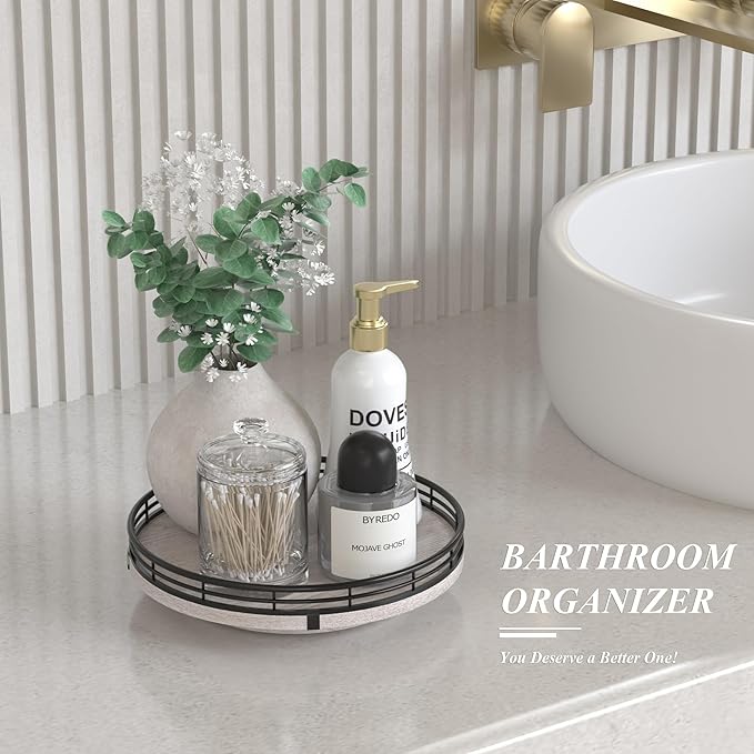 9" Wooden Lazy Susan Organizer for Cabinet, Turntable Round Decorative Tray for Kitchen Sink, Countertop Organizer, Bathroom Counter Organizer for Skincare Makeup, Rustic Whitewashed