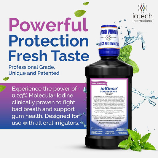 ioRinse Concentrated Irrigant with Active Molecular Iodine, Alcohol-Free Dental Irrigant, use with Water Flossers, and All Other Oral Irrigation Devices - Soft Mint