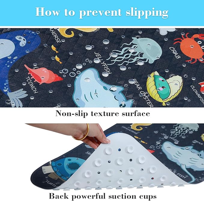 Bath Mat for Tub Non Slip, Machine Washable Anti-Slip Cartoon Baby Bathtub Shower Mat with Drain Holes and Suction Cups for Toddler & Kids, 40 Inch x 16 Inch, Navy Sea Animals