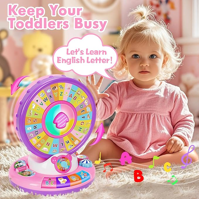 Learning Toy for 1 Year Old Girls, Interactive Spin and Sing Musical Toys for Toddler 12-18 Months, Learning Games with Alphabet and Animals Sounds, Christmas Birthday Gifts for Baby Ages 1-3