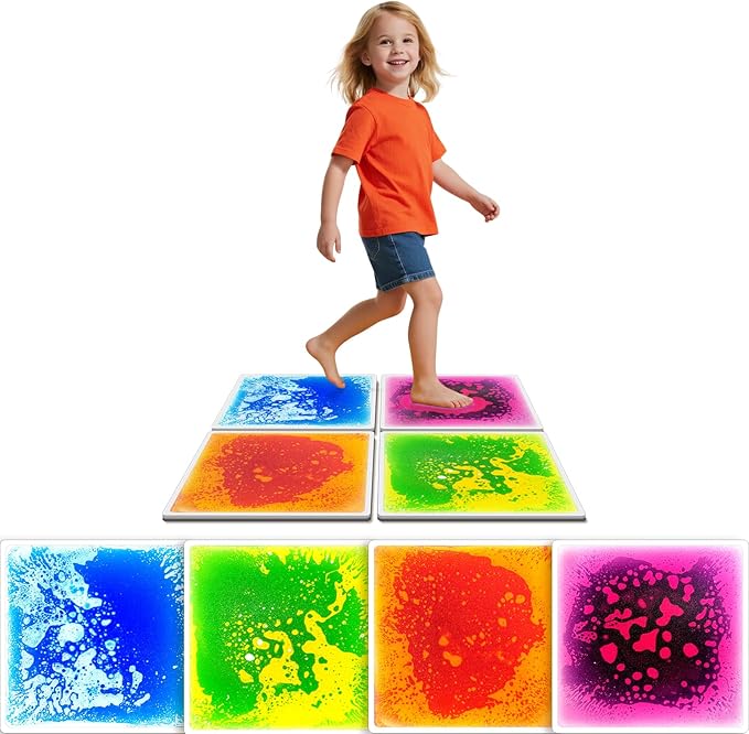 Liquid Sensory Floor Tiles for Kids Ages 3+, 12" Step-On Tiles with Non-Slip Base, Interactive Color-Flow, Assorted Colors, Sensory Path Starter Set (4-Pack)