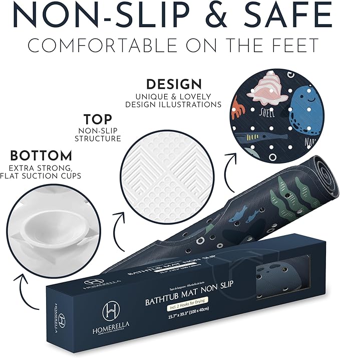 Bath Tub Mat Non Slip Anti Mold for Kids BPA Free INCL Hooks - homerella® Ocean Sea Animals 40x16, Baby Bath Mat Non Slip 200 Suction Cups, Non Toxic Machine Washable Toddler Bath Mat, EU Certified