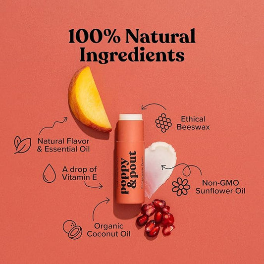 Poppy & Pout Pomegranate Peach Jumbo Lip Balm | All Natural Lip Balms & Moisturizers | Hydrates with Beeswax, Vitamin E, Organic Coconut Oil | Cruelty-Free | Lip Balm in Recyclable Cardboard Tube