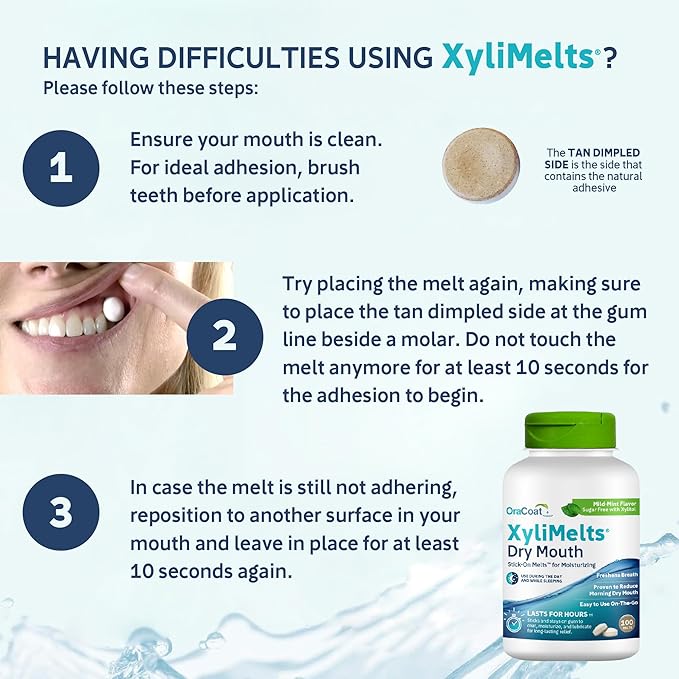 Oracoat XyliMelts for Dry Mouth Night Time or Day - Moisturizing Dry Mouth Adhering Discs, Sugar Free with Xylitol, 100 Count, Mild Mint Flavor, 8-Hour Relief