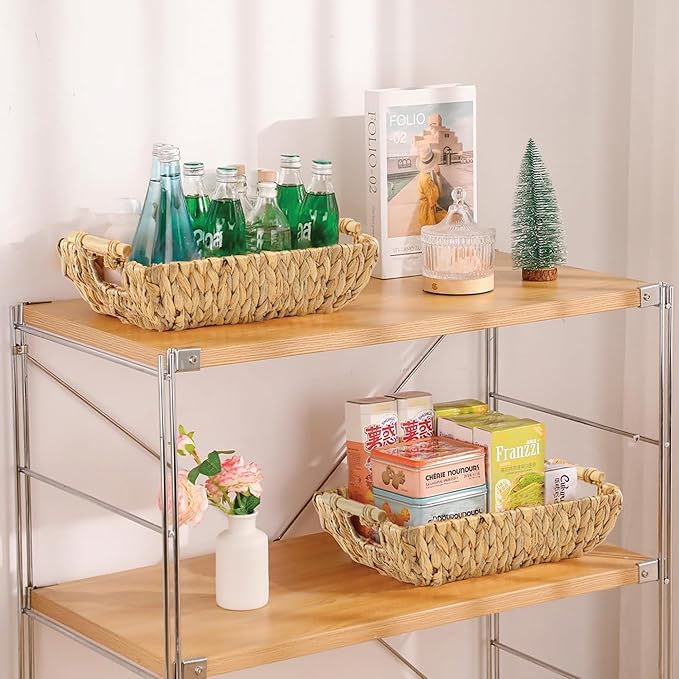 Greenatural Water Hyacinth Storage Baskets Set of 2, 15x10.75x5 in Handwoven Rectangular Organizers with Wooden Handles, Wicker Baskets for Shelf, Bathroom, Kitchen, Office, Natural Home Decor