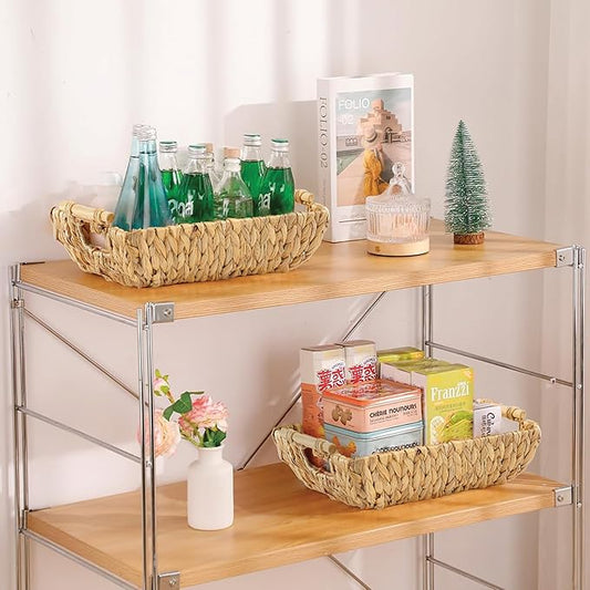 Greenatural Water Hyacinth Storage Baskets Set of 2, 15x10.75x5 in Handwoven Rectangular Organizers with Wooden Handles, Wicker Baskets for Shelf, Bathroom, Kitchen, Office, Natural Home Decor