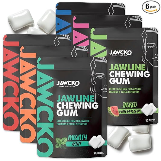 JAWCKO Ultra-tough Jawline Chewing Gum Variety 6-Pack | Get a Stronger, Squarer Jawline | 15X Hardness | Jaw Training Hard Gum | Chisel, Sculpt, Tone your Jaw | Facial Fitness Mewing Gum | 6X Flavors