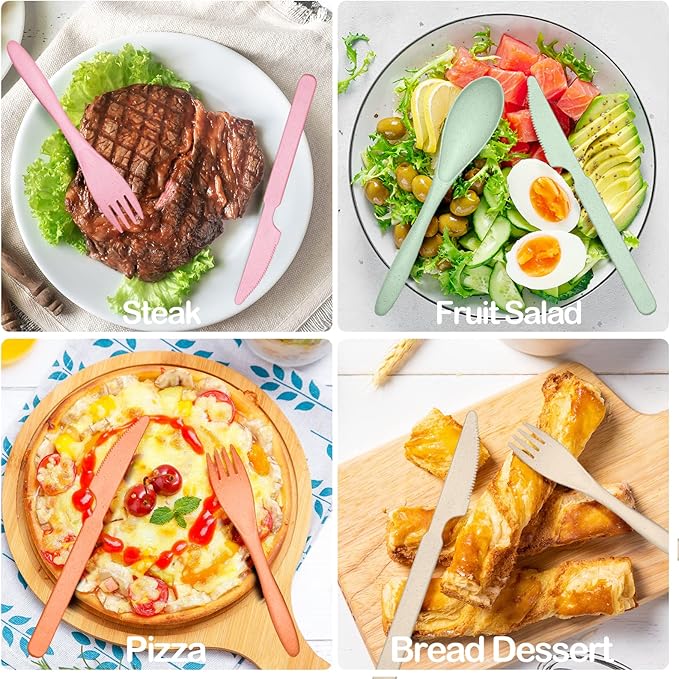 Reusable Travel Utensils Set with Case, 6 Sets Wheat Straw Portable Knife Fork Spoons Cutlery, Eco-Friendly BPA Free Plastic Tableware for Kids Adults Travel Picnic Camping Utensils