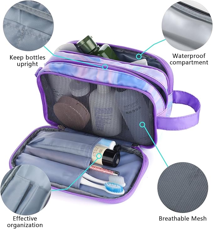 Purple Toiletry Bag for Girls, Travel Toiletry Bag for Teen Girls Cosmetic Bag Makeup Bag Waterproof Hanging Wash Bag Kids Toiletries
