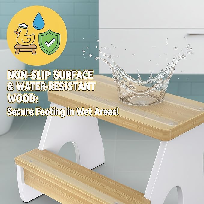 KST36 Wooden Step Stool - 250LBS Load, Non - Slip Water - Resistant Foot Stool for All Ages, Bathroom & Kitchen (White & Natural Wood, Two Step)