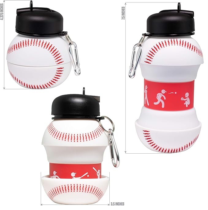Maccabi Art Clip-On Collapsible BPA-Free Silicone Baseball Water Bottle for Kids, 18 Oz. Size