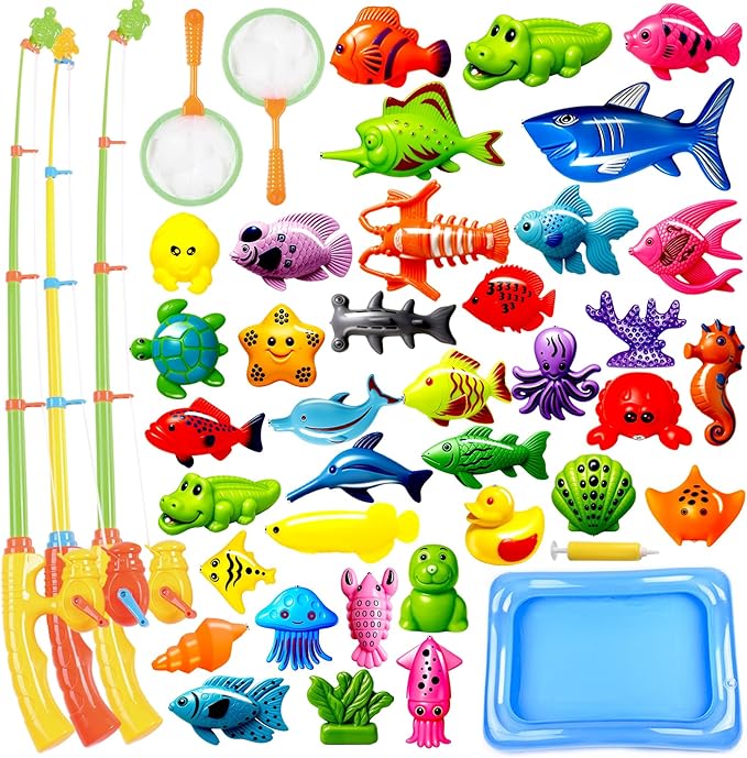 CozyBomB™ Magnetic Fishing Toys Game Set for Kids | Water Table Bathtub Kiddie Pool Party Pole Rod Net, Outdoor Plastic Floating Fish, Toddler Bath Color Ocean Sea Animals Birthday Gift Age 3-5 6 4-8