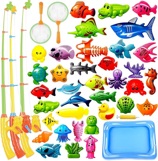 CozyBomB™ Magnetic Fishing Toys Game Set for Kids | Water Table Bathtub Kiddie Pool Party Pole Rod Net, Outdoor Plastic Floating Fish, Toddler Bath Color Ocean Sea Animals Birthday Gift Age 3-5 6 4-8