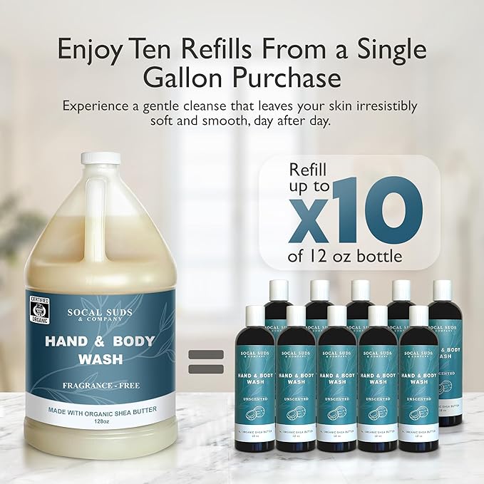 SoCal Suds & Company 128oz Certified Organic Hand & Body Wash w/Shea Butter- Gentle Natural Body,Baby & Face Wash for Sensitive Skin, Moisturizing Thick Castile, Hand Soap and More - Fragrance Free