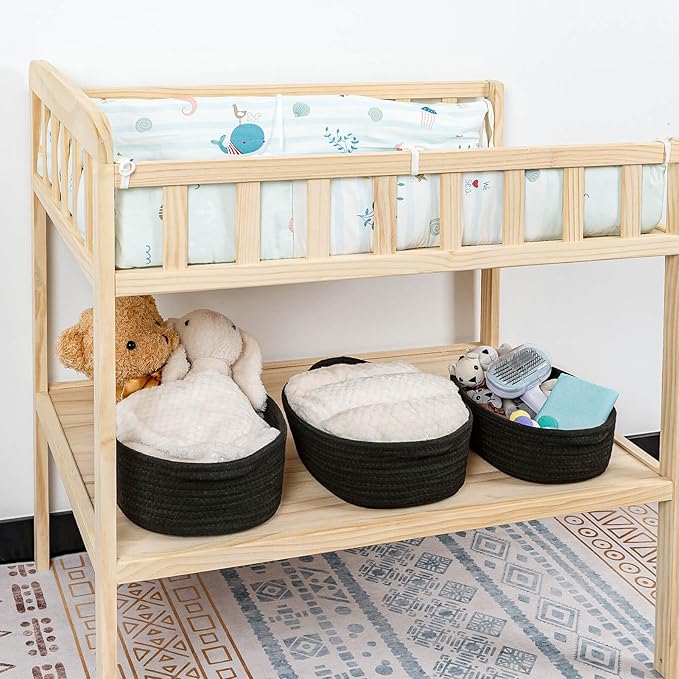 CubesLand Small Cotton Rope Storage Basket Set 5, Shelves Baskets for Organizing with Handle, Decorative Closet Storage Bins for Countertop Toilet Paper Basket for Toilet Tank Top,Black Basket