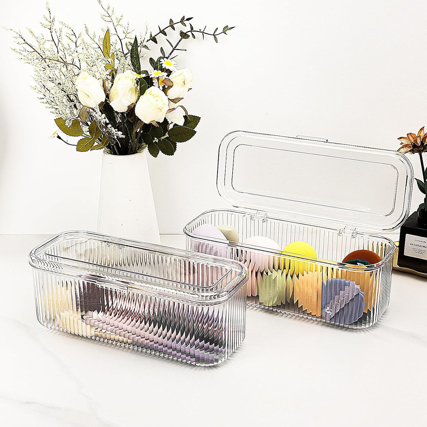 JessLab Makeup Brush Holder Organizer, Clear Makeup Sponges Organizer,Cosmetic Storage Case with Lid Display Case for Vanity, 1 Compartment (1 Pack)