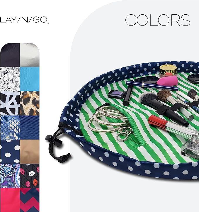 Lay-n-Go Cosmo Layflat Drawstring Cosmetic & Makeup Bag Organizer w/Zipper Pocket, Brush Loops & More, Cinch to Close, Lay Flat to Use, Durable, Machine Wash, Travel Toiletry Bag (20", Navy/Green)