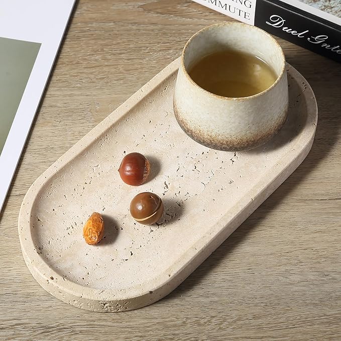 Koville Natural Marble Tray for Bathroom Counter, 10" x 5" Travertine Marble Storage Trays for Perfume, Cosmetics, Jewelry, Vanity Tray Stone Trays for Home, Decorative Tray for Dresser Organizer