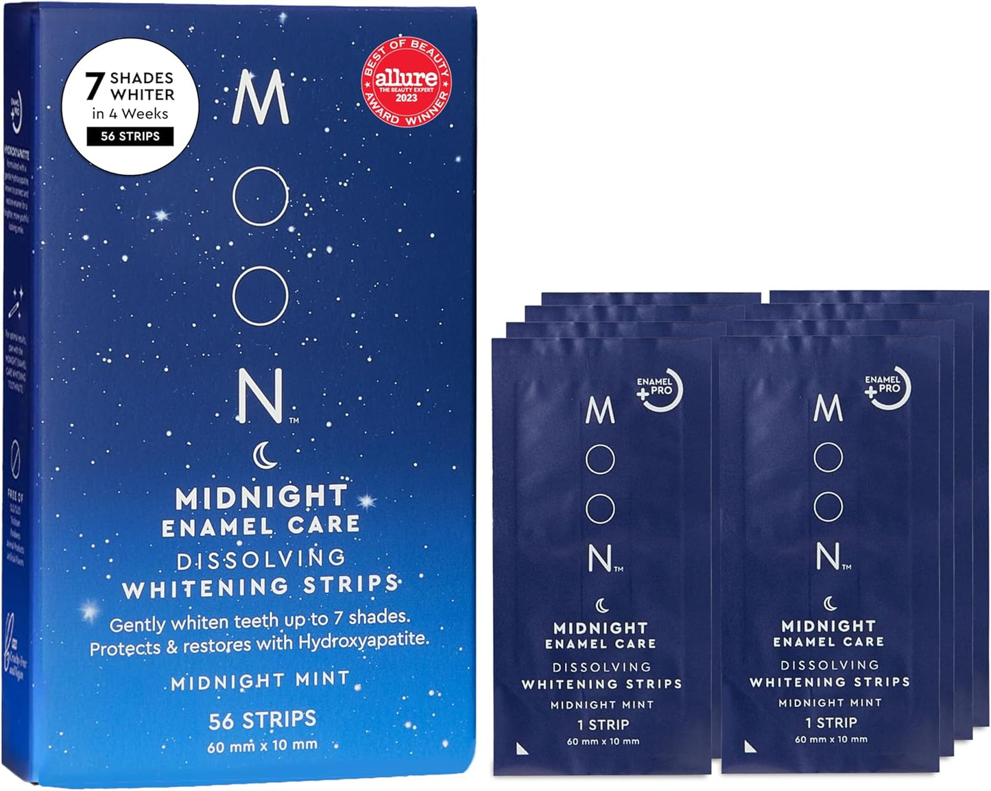 MOON Dissolving Teeth Whitening Strips, 56 No Rinse Nighttime White Strips, Midnight Mint, Enamel Pro+, Chamomile & Lavender, Whiten Sensitive Teeth up to 7 Shades in 4 Weeks, Vegan Oral Care