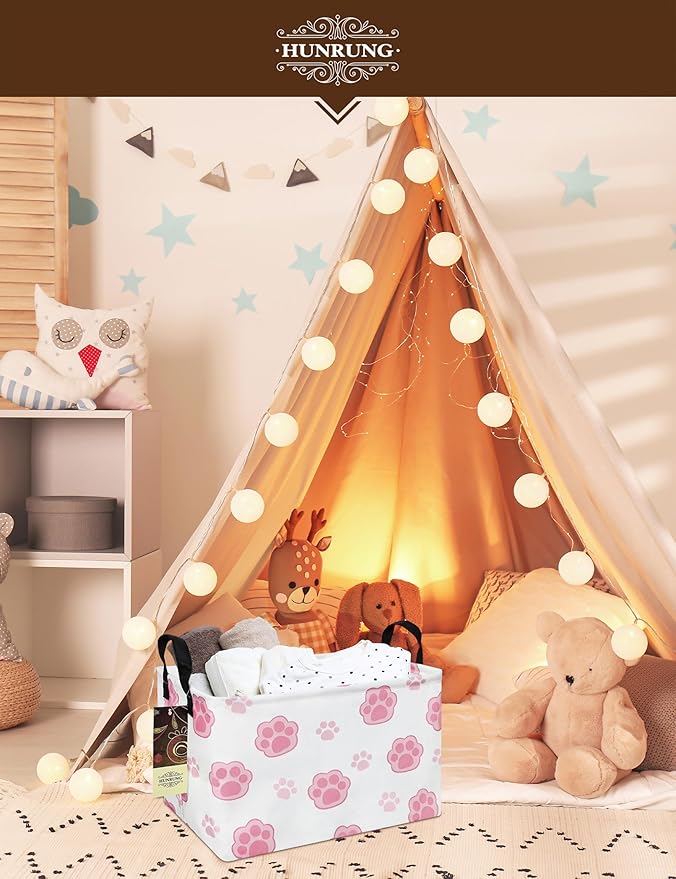 HUNRUNG Rectangle Storage Basket Cute Canvas Organizer Bin for Pet/Children Toys, Books, Clothes Perfect for Rooms/Playroom(REC-Pink Paw)