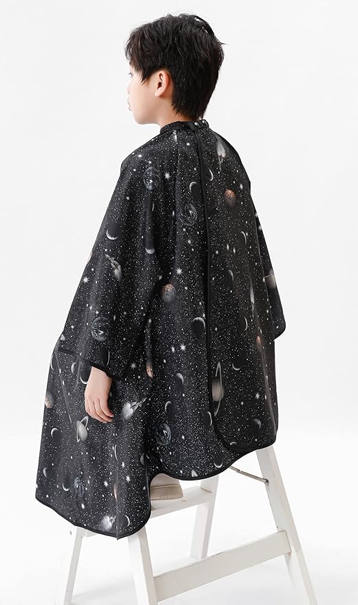 Kids Hair Cutting Cape with Sleeves, Kids Barber Cape Haircut Cape for Boy & Girls, Professional Salon or Home Hair Cut Cape-Black Space Printing