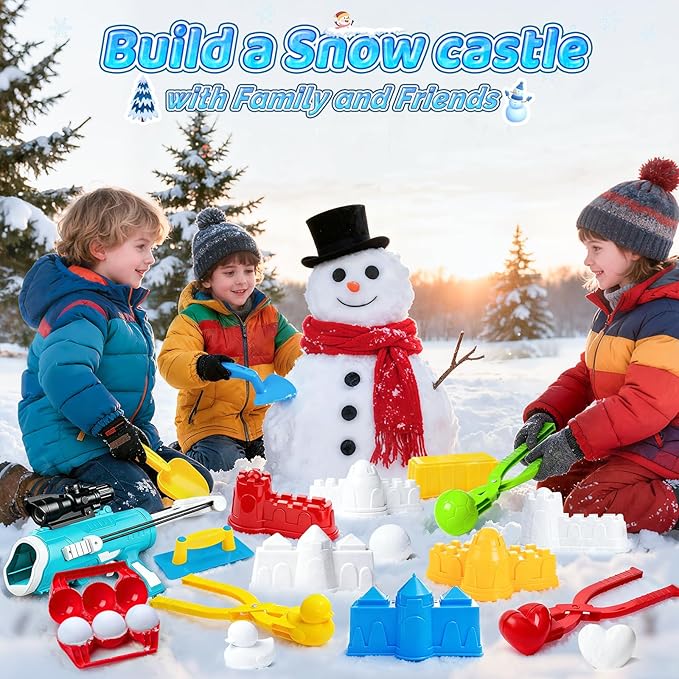 DISHIO Snowball Maker Kit, Snow Ball Maker Toys for Kids Winter Toy with Snowball Blaster Launcher, 3 Duck Shaped Clips, Molds, Snow Shovel, Carry Bag, Outdoor Snow Fight Toys for Kids and Adults