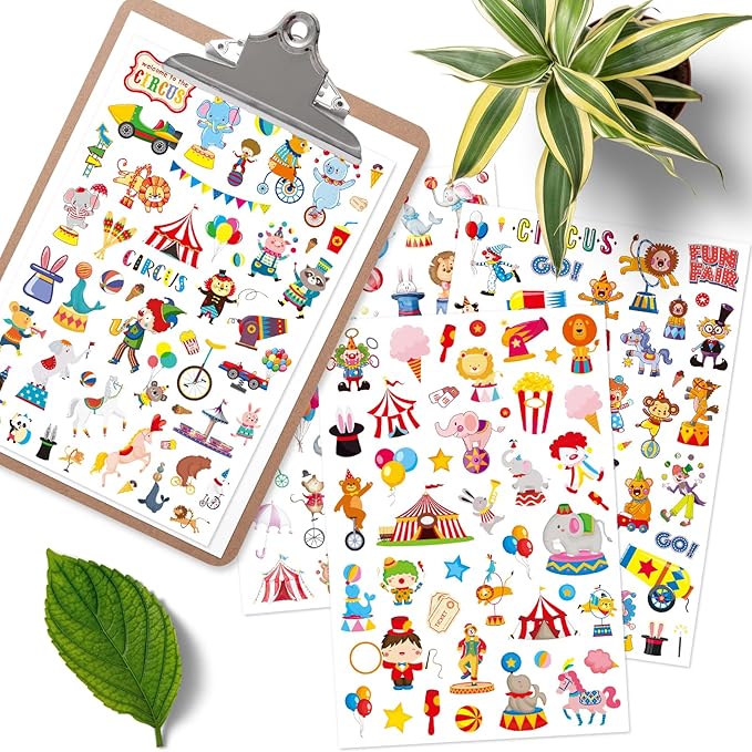 Cute Carnival Circus Stickers 820 Count Party Goodie Gifts Bags Decor Red White Elephant Clown Adhesive Stickers for Kids Girls Boys Birthday Invitations Art Craft Decor School Game Class Rewards