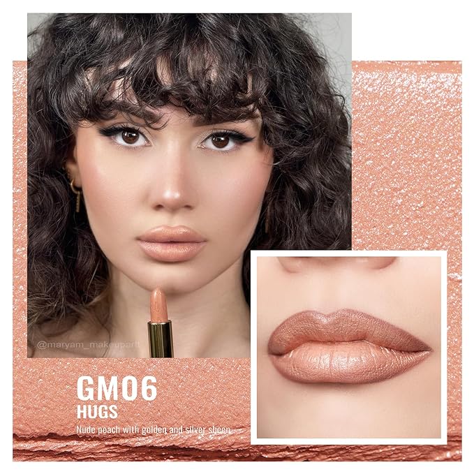 Oulac Matte Nude Peach Lipstick with Glow Metallic Finish - Vegan Lipstick for Women, Creamy Texture, Hydrating Clean Beauty Formula, High-End Magnetic Hook Design, GM06 Hugs