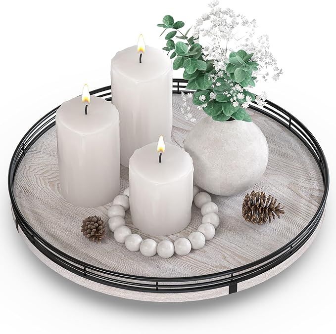 13" Oak Bathroom Vanity Tray Turntable for Perfume Candle, Round Wooden Decorative Tray for Kitchen Sink Countertop Organizer, Bathroom Counter Organizer for Skincare Makeup, Rustic Whitewashed