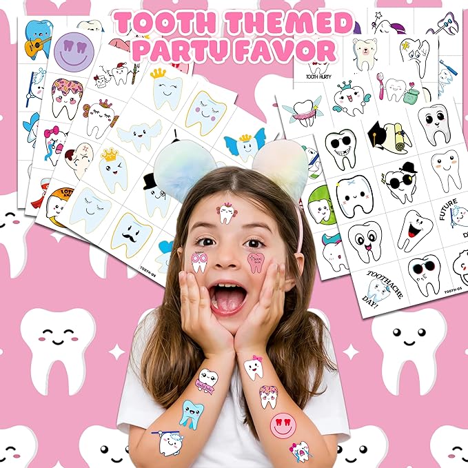 96 PCS Cute First Milk Tooth Dental Dentist Pre-Cut Temporary Tattoos for Kids Birthday Themed Party Supplies Decorations Favors Fairy Teeth Tattoo Stickers Gifts for Baby Girls Boys Rewards