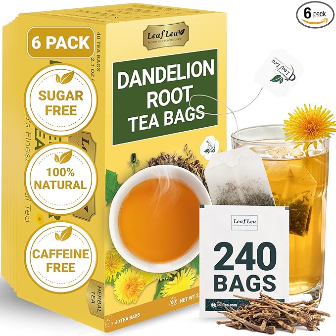 LeafLea Dandelion Root Tea Bags, 240 Count, Natural Dandelion Root Herbal Tea Blend, Supports Digestive and Immune Health, Caffeine-Free, Sugar-Free, Vegan, Gluten-Free, Pack of 6