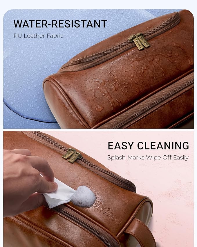 Elviros Toiletry Bag for Mens PU Leather Travel Organizer Kit with Hanging hook, Large Water-resistant Toiletries Bathroom Shaving Bags, Gift For Men (Brown)