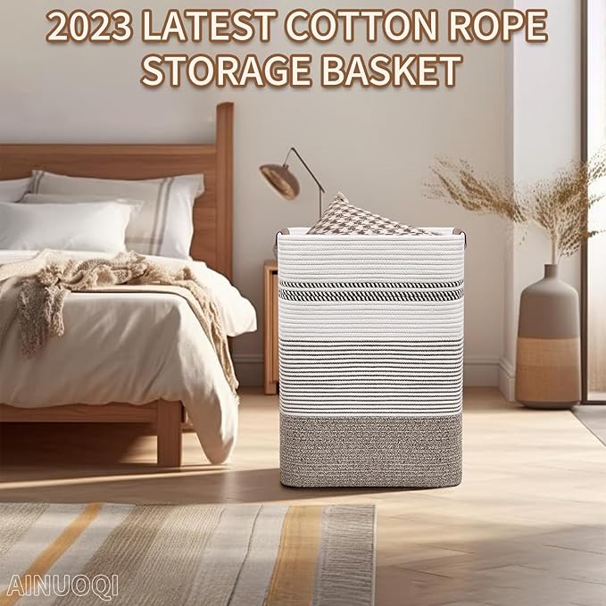 Laundry Hamper - Tall Woven Rope Laundry Basket - Clothes hamper with Leather Handles, 17.8" X 13.8" X 22", Blanket Storage Basket for Living Room, Rice Brown & White