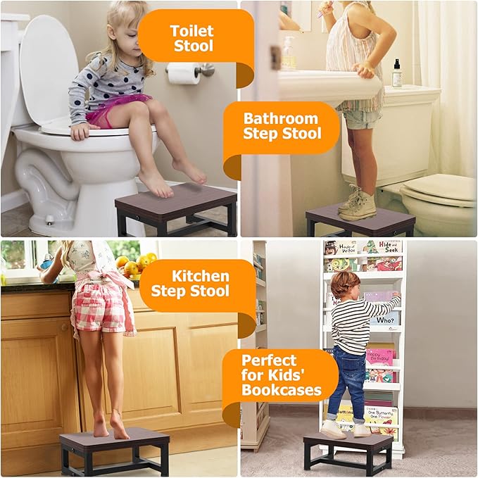 Step Stools for Adults Kids, Heavy Duty Non-Slip Wooden Stepping Stools with 500-LBS Capacity for Bedroom Kitchen Bathroom, Sturdy Bed Steps for High Beds with Rubber Feet, Easy to Assemble, Teak