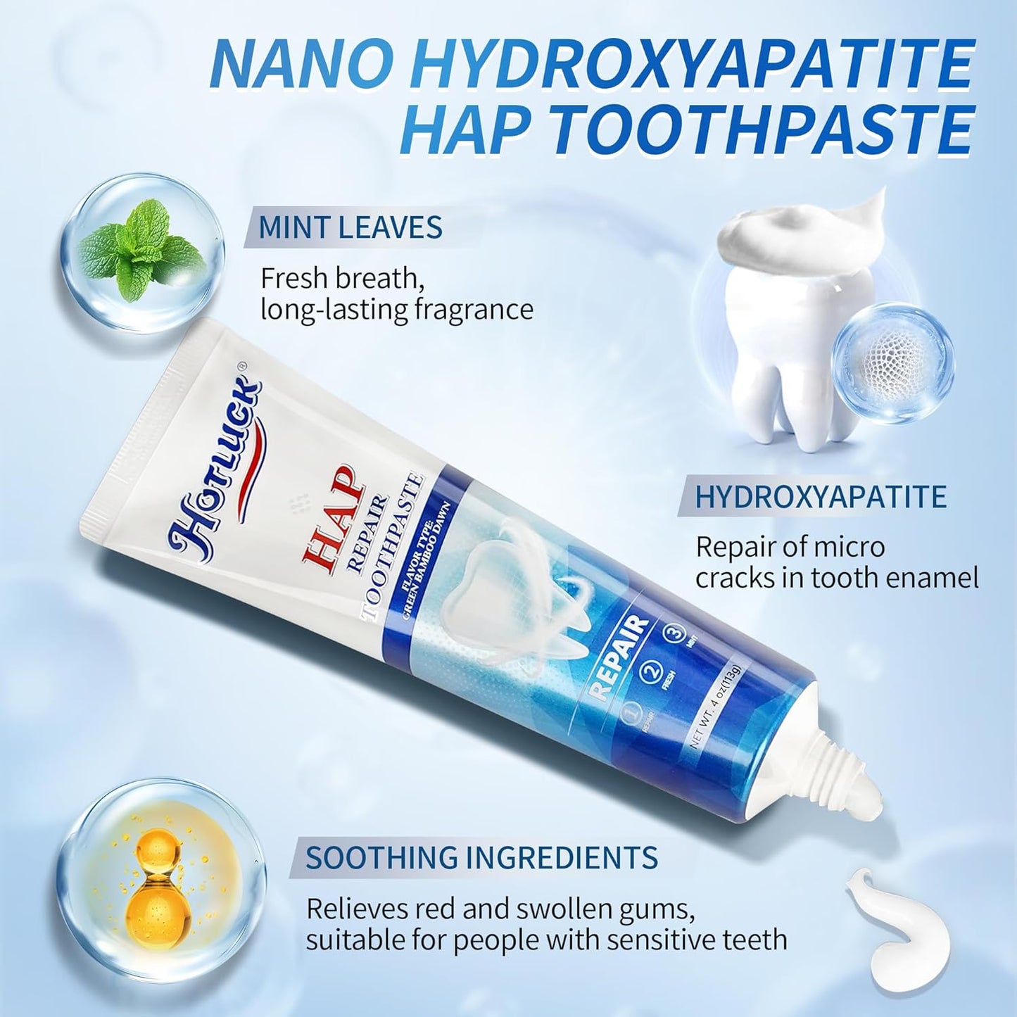 Hotluck HAP Fluoride Free Toothpaste，Nano Hydroxyapatite Toothpaste，Enamel Repair & Remineralization，Whitening，Fresh Breath，Natural Mint，4oz (Pack of 1)