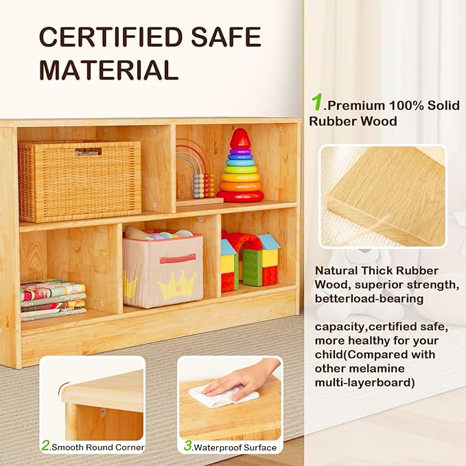 Wingyz Rubber Wood Montessori Bookshelf, 5-Section Wooden Storage Cabinet, 2 Shelf Bookcase Toy Storage Organizer, 43.3"L Montessori Shelf for Kids Rooms Classroom Playroom Nursery Daycare, Child-Safe