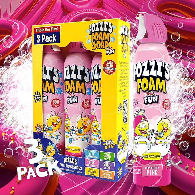 FOZZI’S Perfectly Pink Bath Foam Soap for Kids (3 Pack) - Fun Aerosol Spray - Squishy Bubble Soap for Playtime - Gentle Cleanser Foaming Body Wash - Safe Bath Fun for Everyday Wash