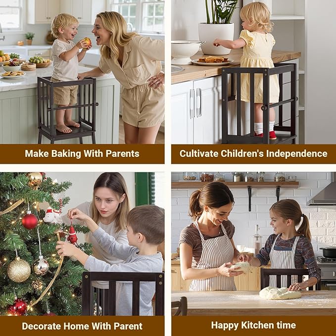 COSYLAND Kids Kitchen Step Stool, Toddler Standing Tower with CPC Certification, Removable Anti-Drop Railing Unique Patented Design A Anti-tip Stable Structure 1.5-3 Years Black Walnut Color