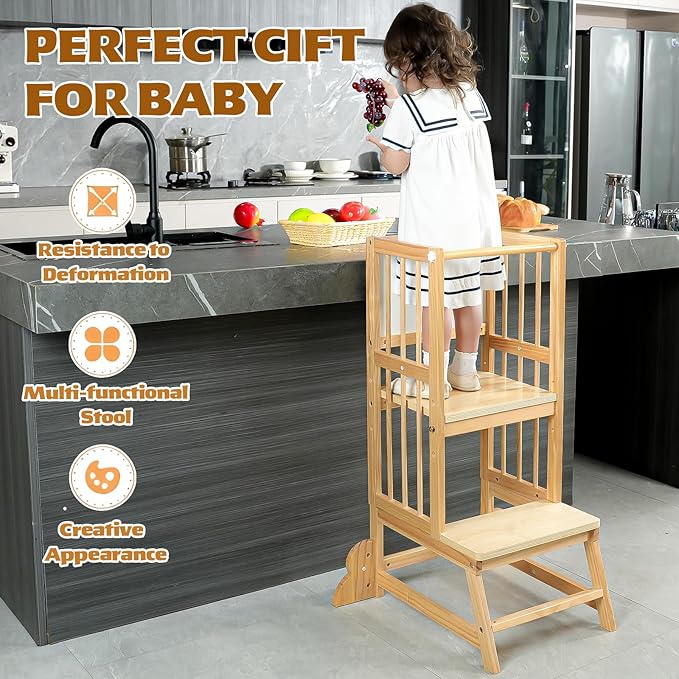 Toddler Tower, Kids Kitchen Step Stool with Safety Rails, Toddler Standing Tower Adjustable Height, Wooden Kitchen Stool for Kids, for Living Room Countertops and Bathroom Sinks(Natural)