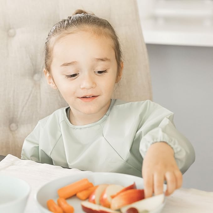 Tiny Twinkle Long Sleeve Bib for Babies & Toddlers – 2 Pack Waterproof Smock Bibs for Eating – Machine Washable & Mess-Proof, Baby Feeding Essential & Shower Must-Have (Sage Charcoal,6–24M)